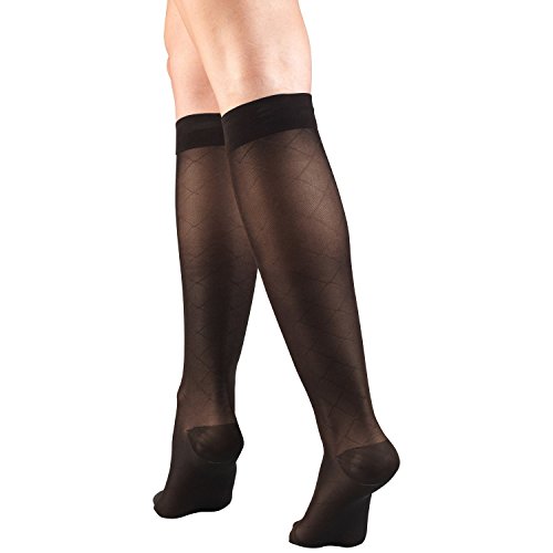 Image of Truform Sheer Compression Stockings, 15-20 mmHg, Women's Knee High Length, Diamond Pattern, Black, Medium