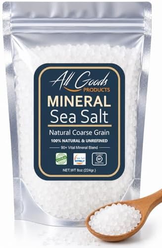 All Goods Products Mineral Coarse Grain Sea Salt, 8 oz Natural Salt from Mexico, Unrefined, Hand-Harvested, Loaded With 72+ Essential Minerals, Kosher, 30% Low Sodium.