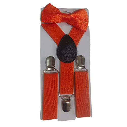 Queenbox Adjustable Kid Y-shape Braces Bow Tie Set, Elastic Suspender with 3 Clips, Pre-tied Bowtie, Orange