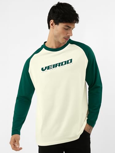 Image of Veirdo Pure Cotton Regular Fit Round Neck Front Chest Typographic Logo Printed Raglan Full Sleeve T-Shirt for Men (Colors: Green, Brown & Maroon)