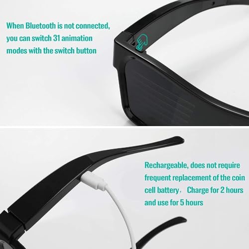 Image of Hetkrishi LED Glasses, Bluetooth APP Connected LED Display Smart Glasses USB Rechargeable DIY Funky Eyeglasses for Party Club DJ Halloween Christmas(Text, Graffiti, Animation, Music Rhythm)