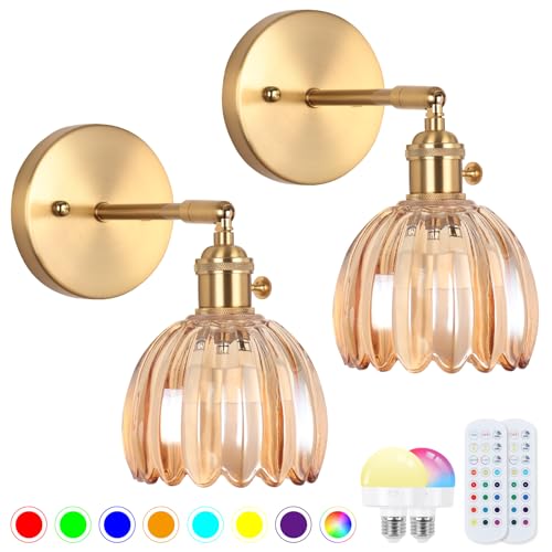 Image of Vintage Wall Sconce Set of Two, Battery Operated Wall Sconce with Amber Tulip Glass Lampshade Rechargeable Wall Light with Remote Control for Bedroom,Living Room, Hallway, Aisle