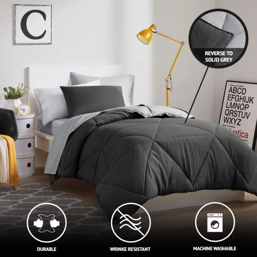 Image of Comfort Spaces Vince Reversible-Bed In A Bag - Trendy Casual Geometric Quilted Cover, All Season Down Alternative Cozy Bedding, Matching-Sham, Twin XL, Reversible Black /Gray 6 Piece