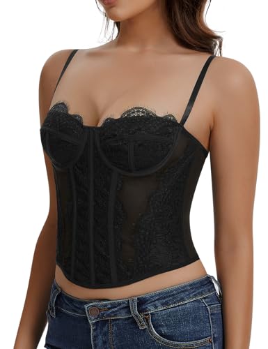Lace Corset Tops for Women Sexy Going Out Bustier Top Sleeveless Adjustable Straps Crop Tops with Back Hooks