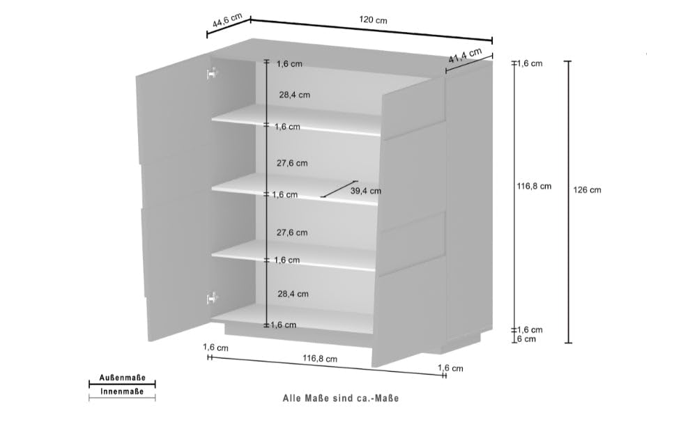 Generico Credenza, 4 ante e 3 ripiani, 120x44x126 cm, Bianco laccato lucido, Nobilitato laccato, Modello PONGO, Design Moderno Made in Italy