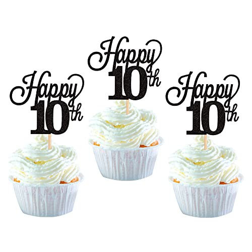 24 Pack Happy 10Th Cupcake Toppers Glitter Number 10 Cupcake Picks Cheers To 10 Cake Picks Decorations For 10Th Birthday Wedding Anniversary Party Supplies Black #TOP22