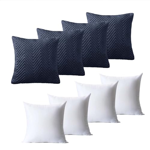 BedLooms Cushions with Covers Included 45 x 45 cm Set of 8 (4 Charcoal Cushion Covers, 4 Cushion Inserts) Ultrasonic Square Throw Pillow Cases Decorative Sofa Cushion with Invisible Zipper