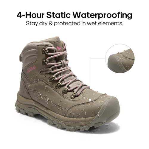 Image of NORTIV 8 Waterproof Women's Hiking Boots | Genuine leather hiking boots with shock-absorbing EVA arch support, anti-slip rubber outsoles, and durable toe protection