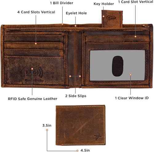 J T C JUZAR TAPAL COLLECTION Real Leather Mens Bifold Wallet RFID Safe Slim Minimalist Front Pocket Wallet Thin & Stylish with Eyelet Hole for Biker Steel Chain Gift for Him (Rustic Brown)2