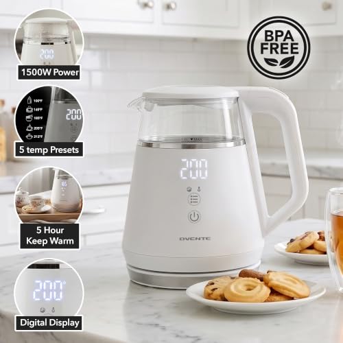 Image of OVENTE 1L Electric Kettle with Temperature Control, 1500W, White KD95W | Water Boiler With Digital Display, 5Hr Keep Warm, Auto Shut-Off, Double-Wall Cool-Touch Exterior, BPA-Free Borosilicate Glass