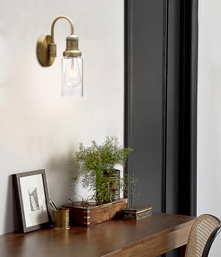 Image of PERMO Industrial Vintage Sconce Black Sconce with 3.1 inch Cylindrical Clear Glass Shade Wall Mount Light Fixture for Living Room Bathroom Entertry