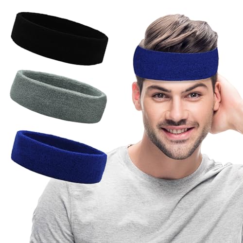 Image of Sweatbands Sports Headbands for Men & Women - 3 Pack Moisture Wicking Cotton Headband for Tennis, Basketball, Running, Gym - Sweat Band