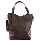  LECONI Henkeltasche Echtleder Vintage-Look Damentasche für Shopping Handtasche für Damen Leder Shopper mit Trageriemen Beuteltasche für die Arbeit, Büro oder Alltag 34x35x10cm dunkelbraun LE0054-wax