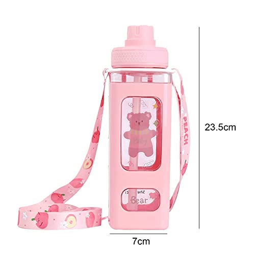 Image of Water Bottle with Straw 700ml Square Plastic Sipper Bottle with Strap, Leakproof Lid and Measurement Scale,Bear Design (Pack of 1)