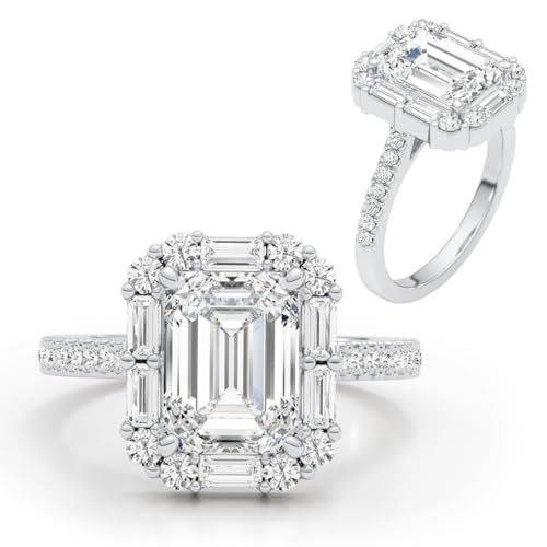 14K White/Yellow Gold Moissanite 3.15 TCW (2.5ct Center, VVS1 Clarity, D-E Color Emerald Shape) Engagement Ring With Baguette & Round Shaped Side Stones Promise Rings Gift For Her Rings For Women