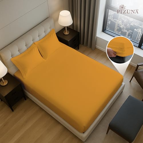 Image of Pizuna 100% Cotton Fitted Bedsheets King Size 400 Thread Count Long Staple Cotton Sateen Fitted Bedsheet 74x78 Inch with 2 Pillow Covers, Honey Gold Elastic Fitted Bedsheets King Size fits 12 Inch