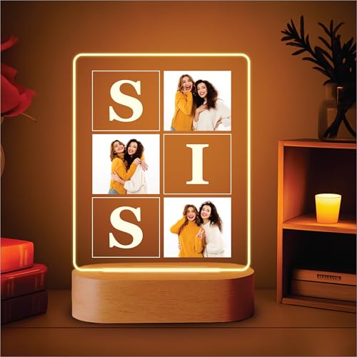 Image of Giftplease Personalised Photo Acrylic Frame with Wooden LED Base - Custom Picture Desk Display, Collage & Initials Text, Unique Raksha Bandhan Gift for Sister, Anniversary & Birthday Keepsake Decor