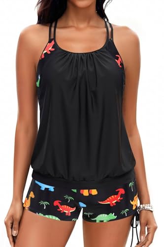 Image of Holipick Tankini Swimsuits Two Piece Tummy Control Bathing Suits Blouson Swim Tank Top with Boy Shorts