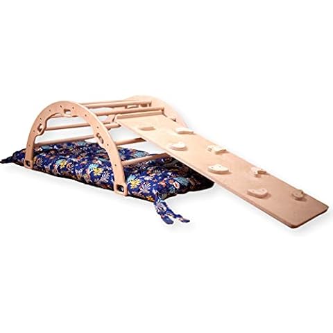 Montessori Kletterbogen | Bogen mit zweiseitiger Felswandrampe & Kissen | Hölzerner Kletterbogen & Kletterwand für Kinder | Set inkl. Rampe und Kissen für Kletterbogen Cover