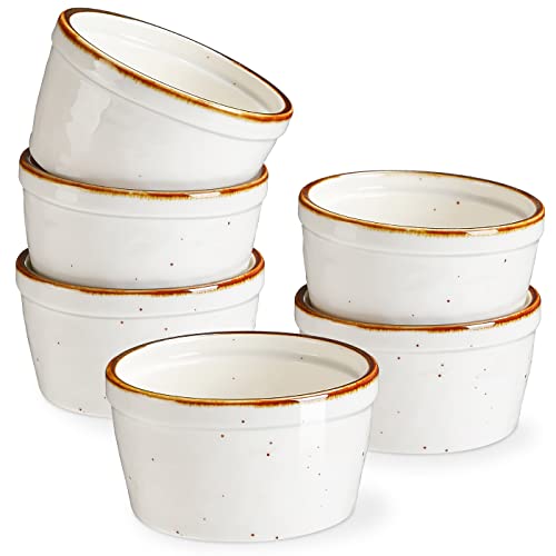 ONEMORE Ramekins 170 ml nadają się do piekarnika, ceramiczne naczynia na suflety z brązową krawędzią, nakrapiane kubki do pieczenia kremowego brulee, puddingu, kremu, lodów, wędlin, mini misek, zestaw