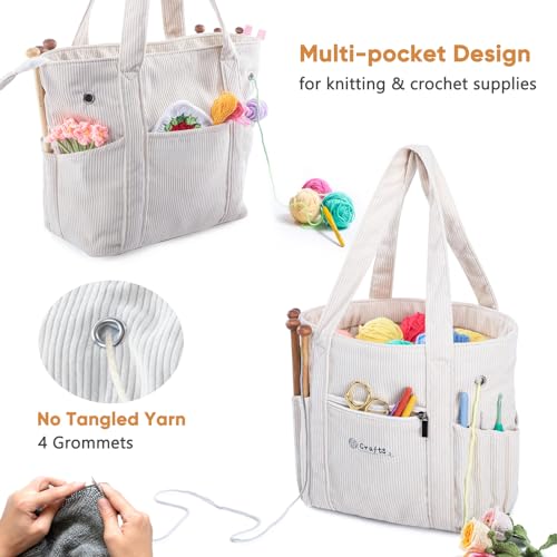 Image of Crochet Bag and Tote - Corduroy Yarn Bag - Yarn Holder and Storage for Crochet Hooks, Knitting Accessories - Mother's Day Gift