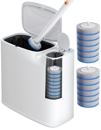 POPMOP Small Bathroom Trash Can with Lid, Disposable Toilet Brush with 12 Refills, Toilet Bowl Cleaning Wand Set-2 Gallon Silm Garbage can and Toilet Brush Holder for Bathroom, Toilet, RV(White)
