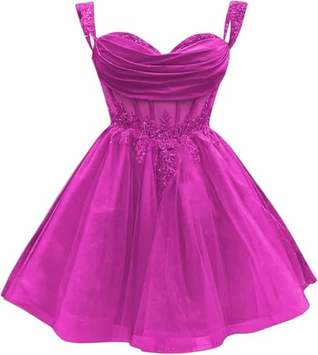 Tulle Homecoming Dresses Short for Teens Sparkly Lace 3D Floral DAMA Dress for Quinceanera Beaded Off Shoulder Prom Dress Fuchsia