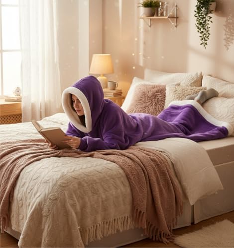 Nvatorfox 5FT Oversized Wearable Blanket Hoodie Flannel Sherpa Fleece Warm Cozy Christmas Wrap Throw Gifts for Adult (Purple) - image 3