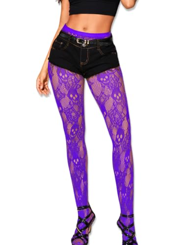 ShawGobow Goth Tights For Women,Sheer Mesh Skull Fishnets Leggings,Patterned Sexy Stockings Halloween Costume Purple