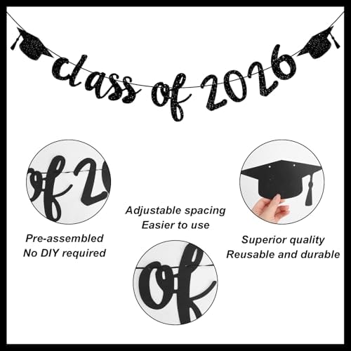 Black Class of 2026 Banner, Pre-Assembly 2026 Graduation Party Garland Decorations with Mortarboard Cap Embellishment Element for Congratulation Grads Party Supplies School Home Decorations — view 3