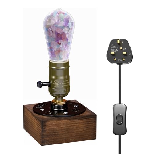 BrightWish E27 Vintage Industrial Wooden Table Lamp with Crystal Accents - Retro Mood Lighting for Bedroom Decor, Reading Light, Aesthetic Ambient Bulb Lamp with UK Plug