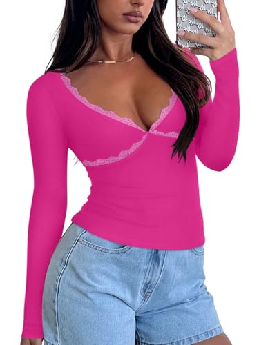 REORIA Sexy Lace Long Sleeve Shirts for Women Teens Girls V Neck Slim Fitted Y2K Trendy Fall Fashion Going Out Tops Night Out Outfit Clothing Neon Rose Red Medium — view 6