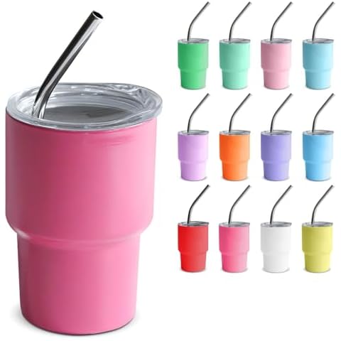 GHKLNY Mini Shot Tumblers with Lids and Straws-Funny Mini Shot Glasses Colored Stainless Steel Tumblers for Wedding Party Whiskey Cocktail Bar (Rose Red, 5 OZ/150 ML) Cover