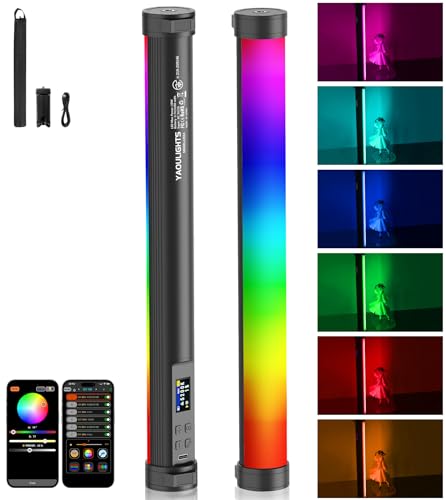 YAOULIGHTS 撮影用 ライト スティックライト 長:34cm マグネット式360°RGB撮影用ライト チューブライト 色温度2500K～9900K 24種FX光効果 輝度自由調節 5200mAhバッテリー内臓 Type-C充電式 アプリ対応 ハンドヘルドライト チューブ型撮影用ライト 物撮り ポートレート PV撮影 MV撮影 動画撮影 ライブ配信などに適用可能 (1本セット)