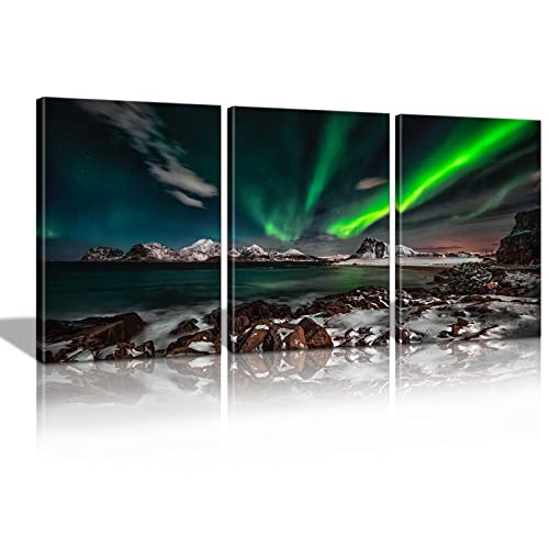 KAWAHONE River Northern Lights Canvas Wall Art, Green Aurora Snow Mountain Landscape Poster Framed, Modern Home Art Stretched and Framed Ready to Hang, 12" x 16" x 3 PCS