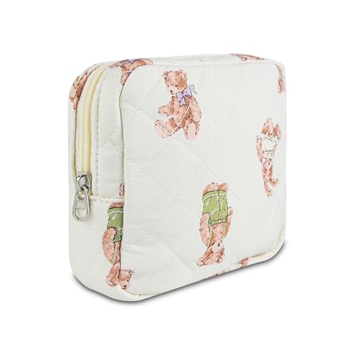 Small Floral Quilted Makeup Bag, Coquette Aesthetic Travel Toiletry Organizer for Women, Lightweight Cotton Cosmetic Pouch