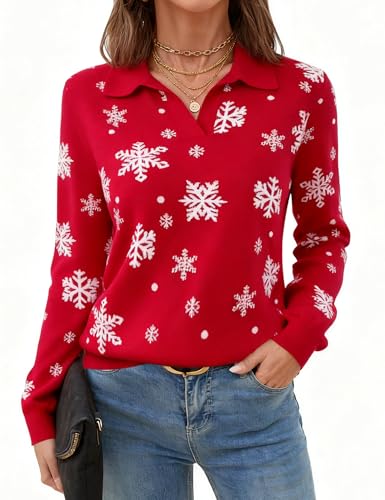 Romanstii Collared Sweaters for Women Knitted Long Sleeve V Neck Fitted Polo Shirts Trendy Winter Pullover Tops,Red-Snowflake,M