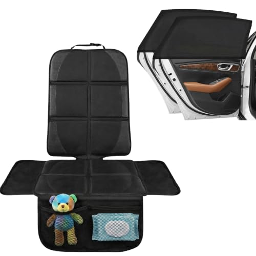 Áz ÁSZATOR Protector Asiento Coche Silla Bebe ISOFIX Premium + 2 Parasoles De Coche para Ventana Lateral, Protector Silla Coche para Niños con 2 Bolsillos Ampliado, Impermeable, Antideslizante