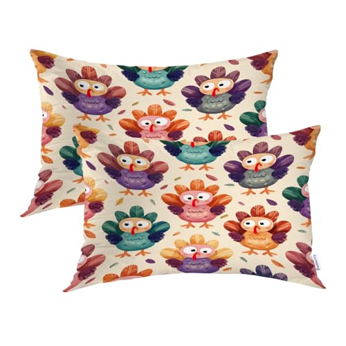 Batmerry Cartoon Turkeys Thanksgiving Pattern Pillowcases, Colorful Cute Turkey Repeat Decorative Bed Pillow Cover with Hidden Zipper Soft Blended for Hair and Skin 20X26 in