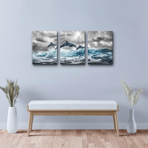 DZRWUBHS Black And White Wall Paintings Wall Art For Living Room Canvas Wall Decor For Bedroom Blue Sea Wave Dolphins Wall Pictures Office Decorations Posters Modern Home Decor Wall Artwork 3 Piece