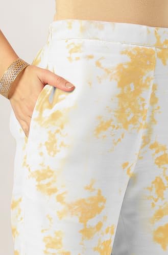 Image of Janasya Women's Yellow Silk Blend Tie & Dye Yoke Embroidered Straight Kurta Pant Set