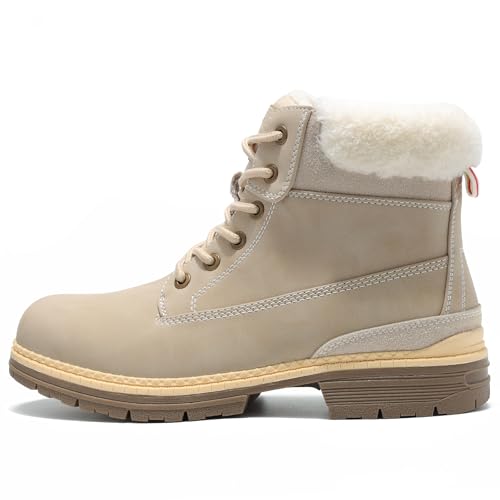 Image of COTTIMO Snow Hiking Winter Boots for Women - Casual Brown Combat Work Boot - Non-slip Fur-Lined Ankle Boots - Fashion Boots Waterproof Leather Shoes