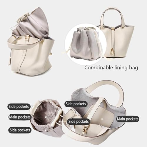 Genuine Leather Bucket Bag with Lock Closure, Genuine Leather Lock Design,Versatile Shoulder Handbag 6