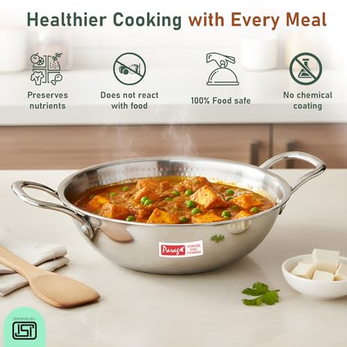 Image of Parage 1 Piece Triply Hammered Stainless Steel Kadhai 24 cm | ISI Certified | Tripure | 2.6 LTR Deep Kadhai for Induction & Gas Stove | Even Heat Distribution, Non-Reactive, Heavy Bottom Cookware