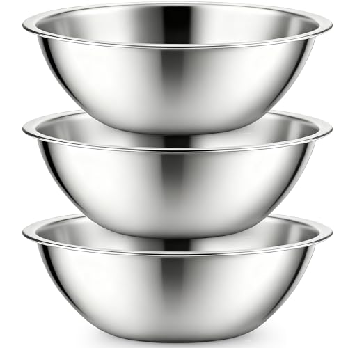 Suwimut 3 Pack Stainless Steel Mixing Bowls 6 Quart Flat Base Stainless Steel Serving Bowls 12.6 Inch Mirror Polish Large Metal Bowl Set for Kitchen Cooking Baking Prepping