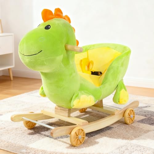 Jessruly Plush Animal Rocking Horse – Soft Ride-On Rocker with Wooden Frame, Magical Unicorn Design for Imaginative Play (Dinosaur)