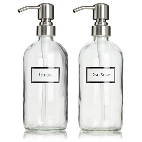 Ceramic Printed Glass Dish Soap and Lotion Dispenser Set with Stainless Steel Bird Head Pump, 16 oz, Clear