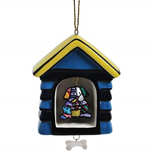 Romero Britto Dog House with Puppy and Bone Pendants Xmas Ornament