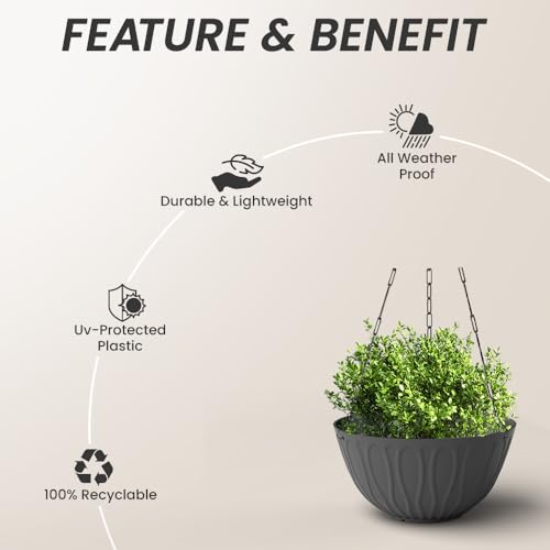 Image of YUCCABE ITALIA SHERA Hanging Wave 8 INCH, Plastic Flower Pot with Drainage Holes Round Planter Pot Suitable for Inddor Outdoor Kitchen (Grey, Pack of 3)