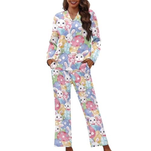 Reanaysto Easter Pajamas Women Set Long Sleeve Button Down Sleepwear Bunnies Eggs Print Lounge Sets V-Neck Soft Loungewear Two-Piece